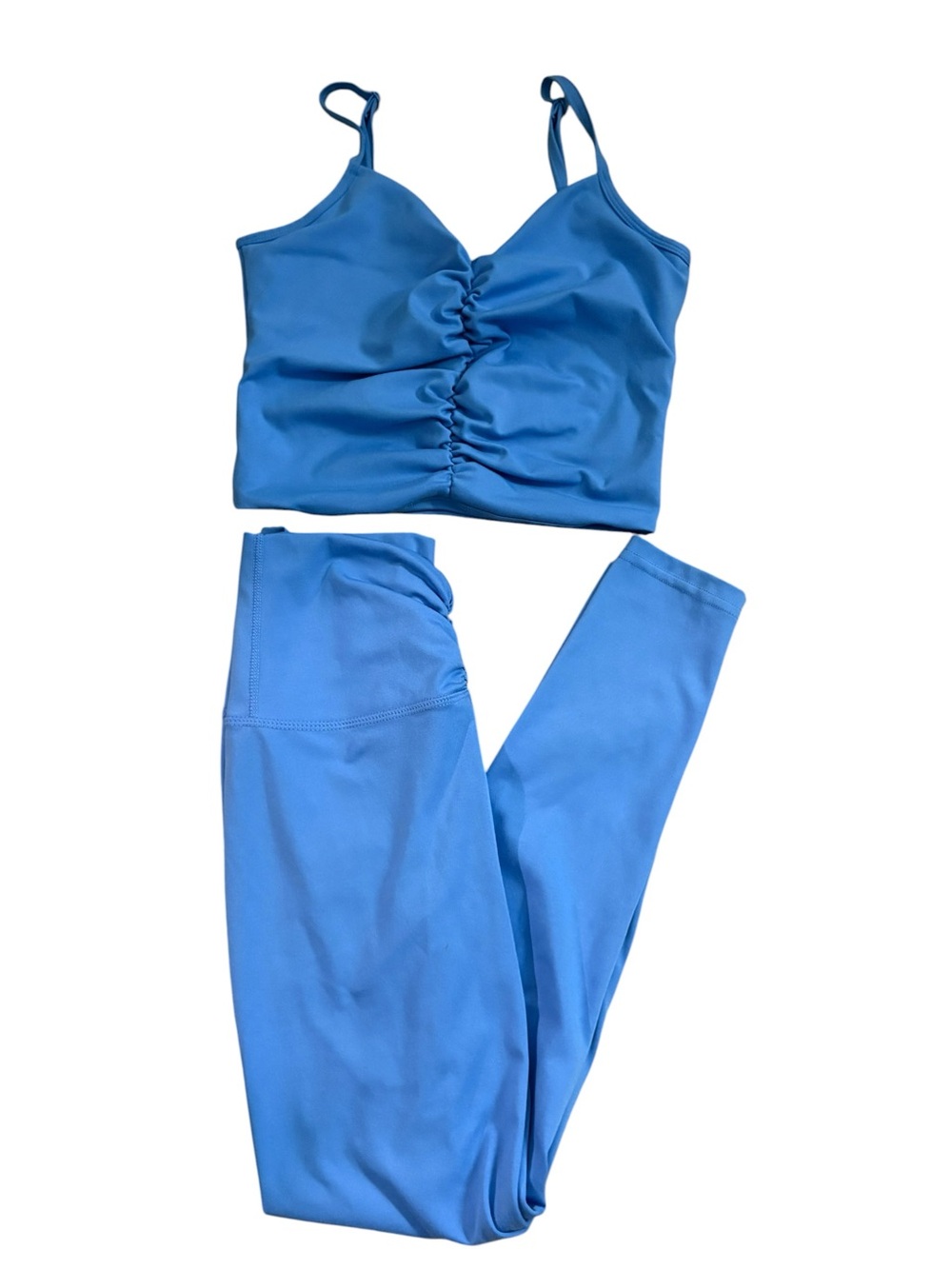 Blue Ruched 2 Piece Workout Set High Waist Leggings Crop Top Activewear
